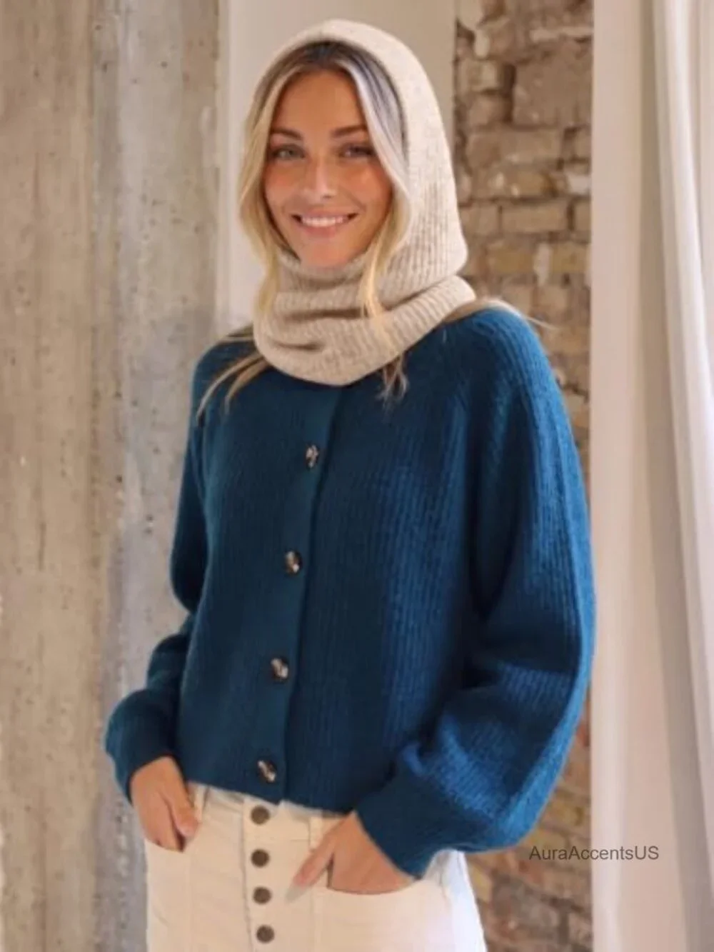 2-in-1 Knit Balaclava Beanie Hooded Scarf Neck Warmer Winter Hat